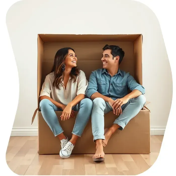 Two guys sitting on the floor of their apartment with Muval moving boxes
